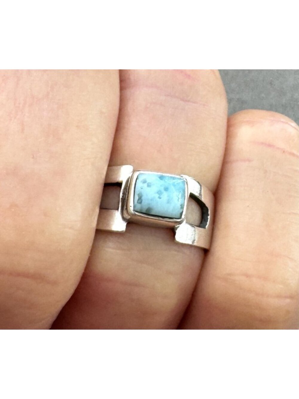 Modernist STERLING Silver Blue LARIMAR RING Size 7 Wide Band with Cut-Outs